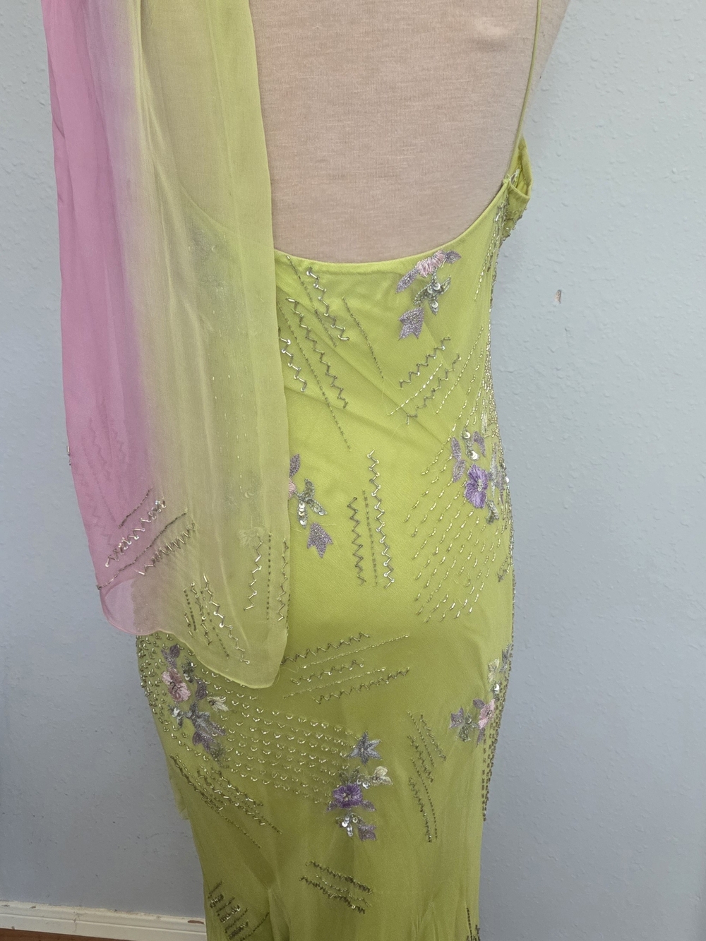 Laurence Kazar Lime Green Strapless Evening Gown with Pink Ombre Scarf - Picture 2 of 2